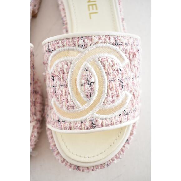 Chanel 20P Pink White Tweed Mesh CC Logo Slide Slip On Sandal Mule Heel Flat 36 - Picture 7 of 15
